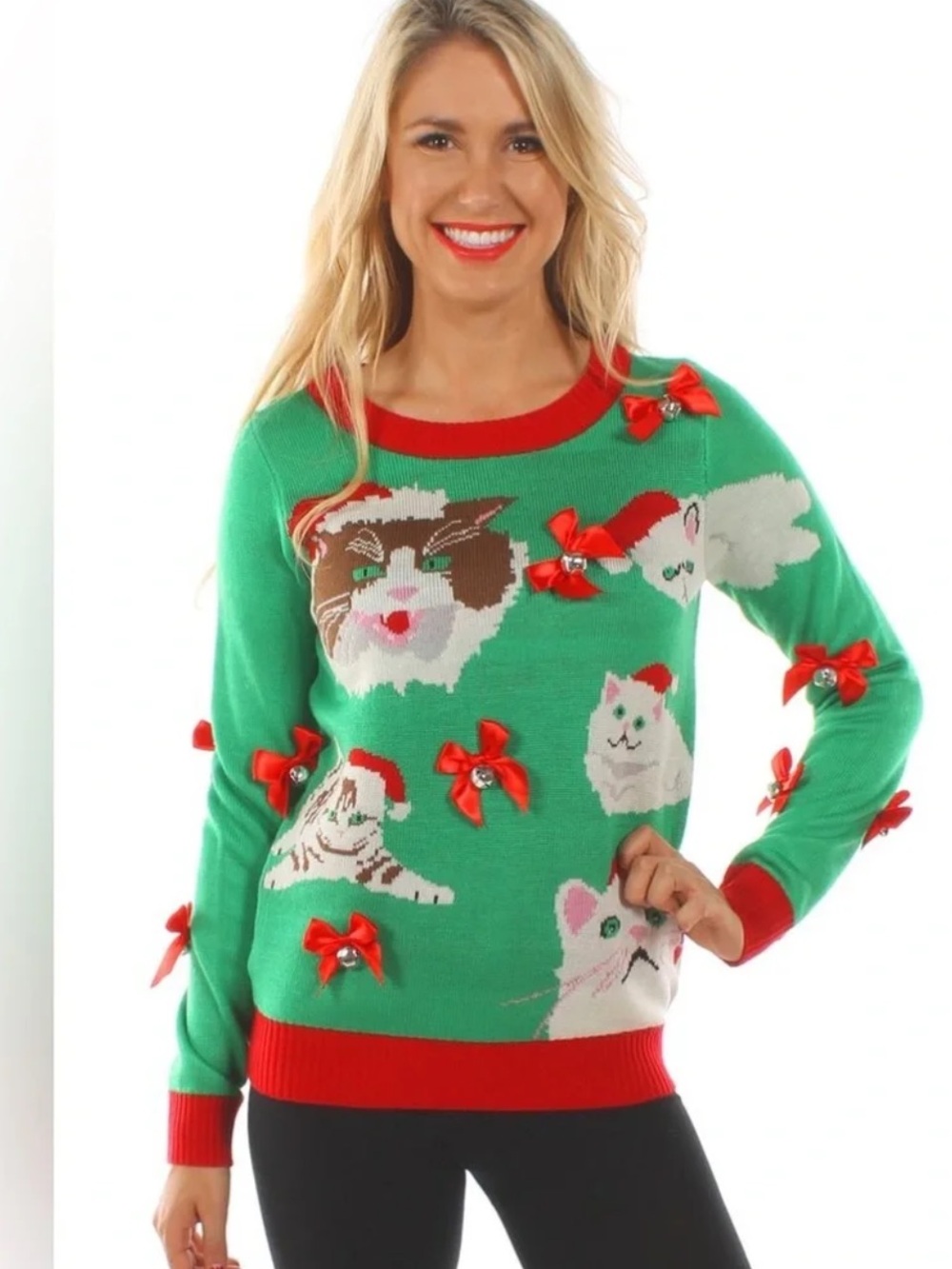 Tipsy Elves Crazy Cat Lady Ugly Christmas Sweater Women’s SZ Large Green Red